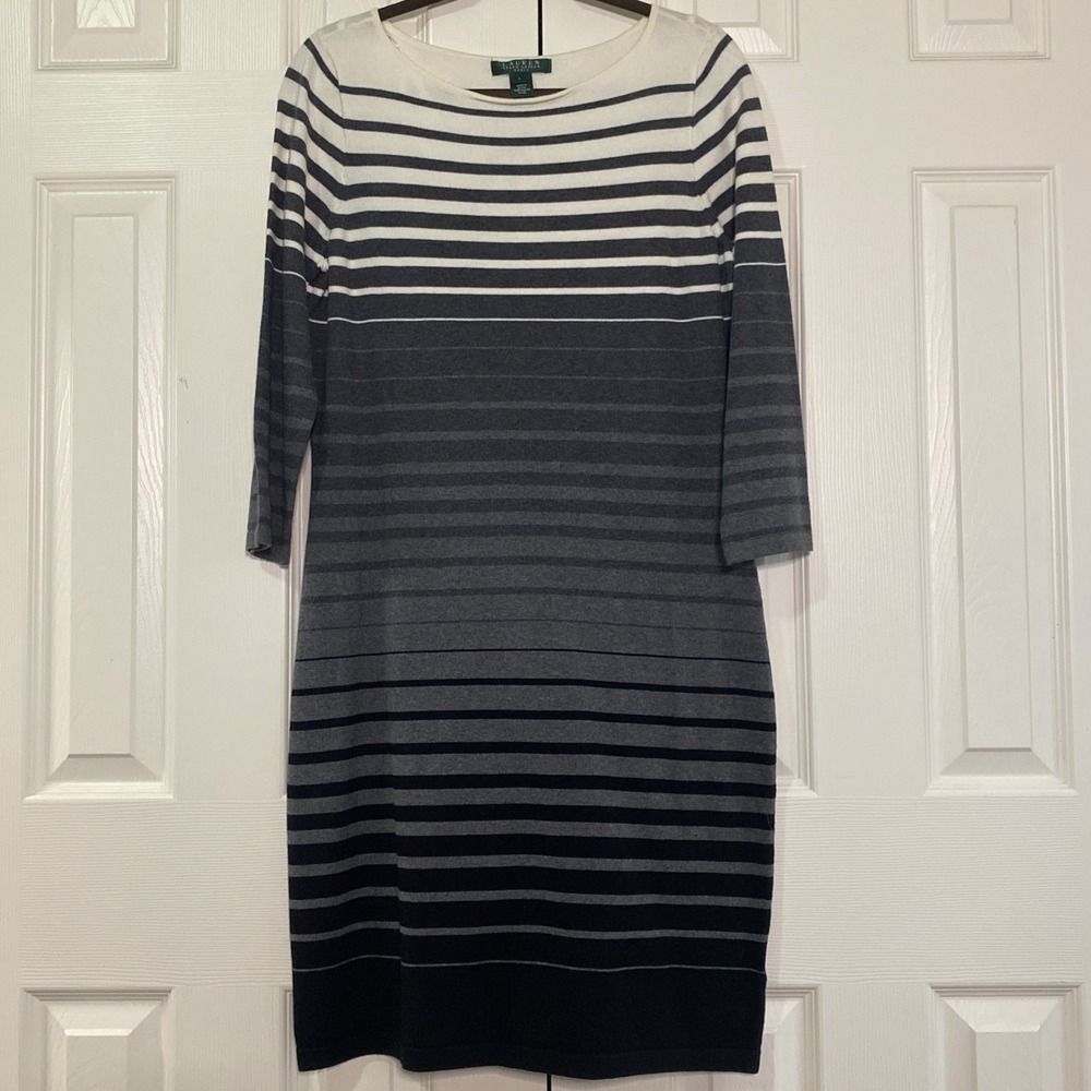 Lauren Ralph Lauren Dress Women Large Grey Black Stripe Knit Midi Sheath